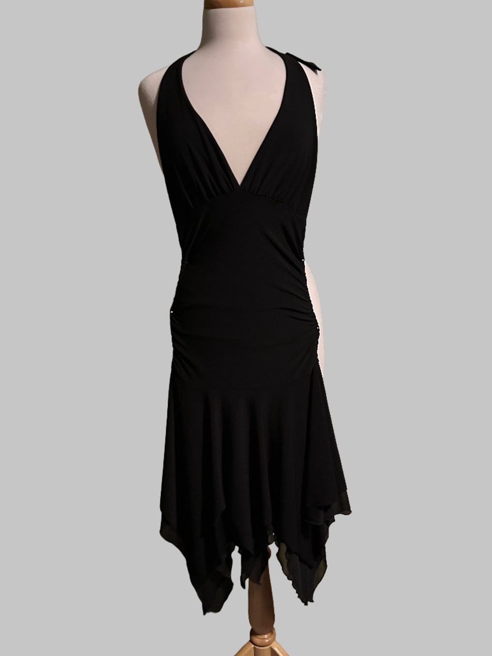 VTG Y2K XXI Black Halter Handkerchief Dress S Ruched Plunge Whimsigoth Fairy